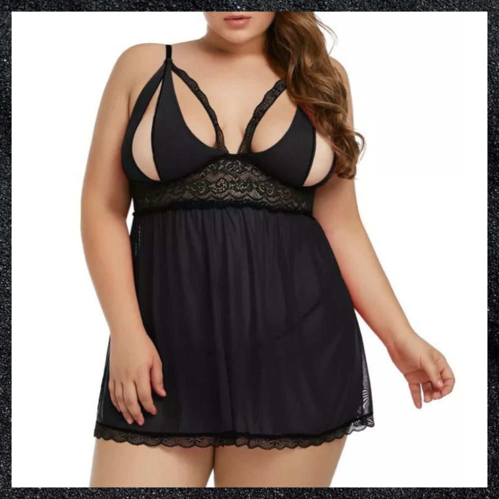 Black Sheer Peek-a-Boo Lace Chiffon Babydoll Nightie Plus Size